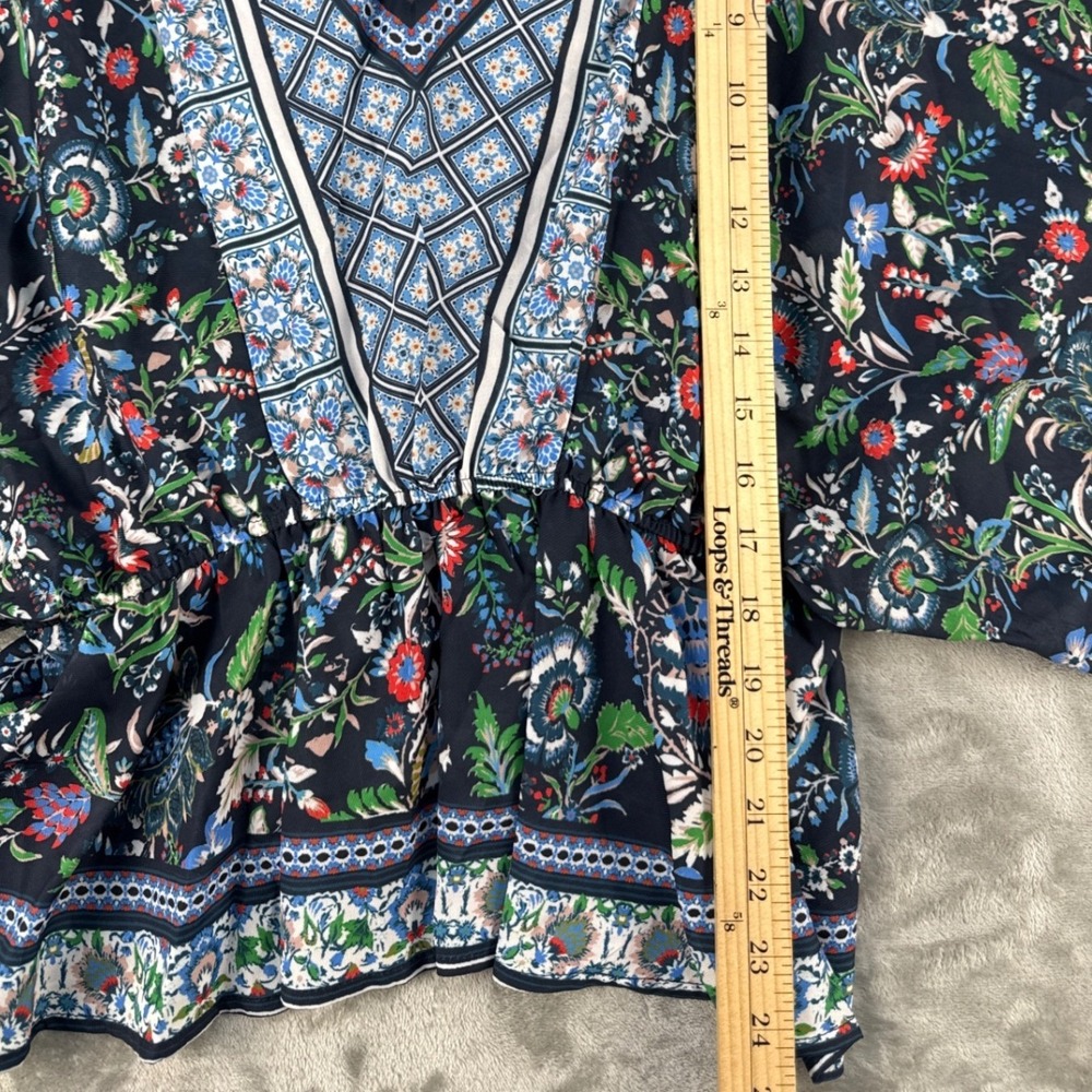Her Bottari Blouse Womens Small Navy Floral Kimono Sleeve Peplum EUC - Picture 5 of 9